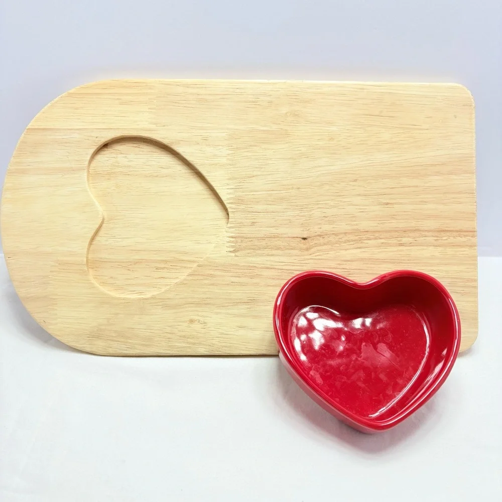 Heart-Shaped Red Bowl with Wooden Cutting Board